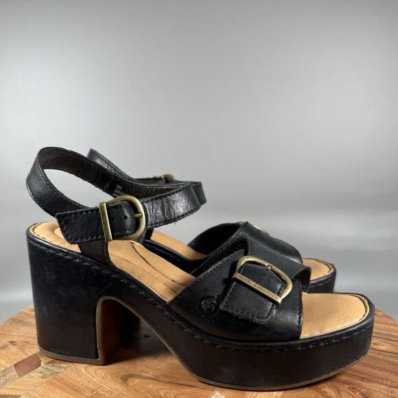 Born Strappy Platform Sandals Browyn Women's Size 9 Black Leather - Picture 1 of 7